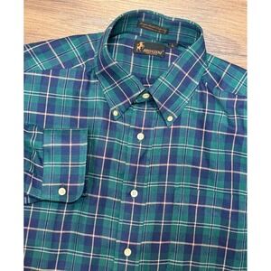 VTG Bronzini Mens Plaid Flannel Shirt Green Blue Button Down Made in USA Sz L
